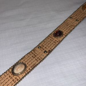 VINTAGE Beige/Tan Gem Stone Beaded Basketweave Belt L